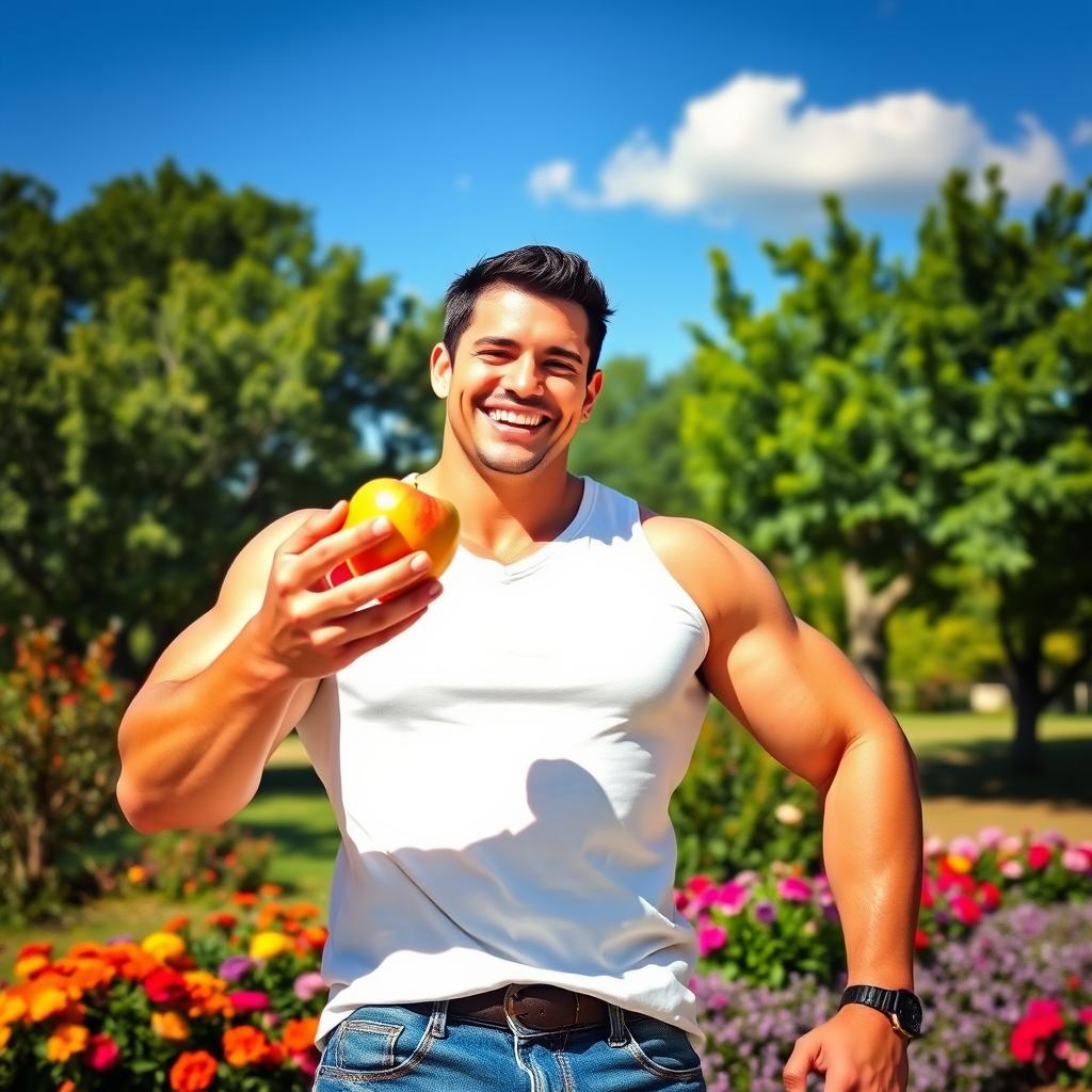 A muscular man with short dark hair, smiling widely while holding a ripe, colorful fruit, possibly an apple or an orange, in his hand