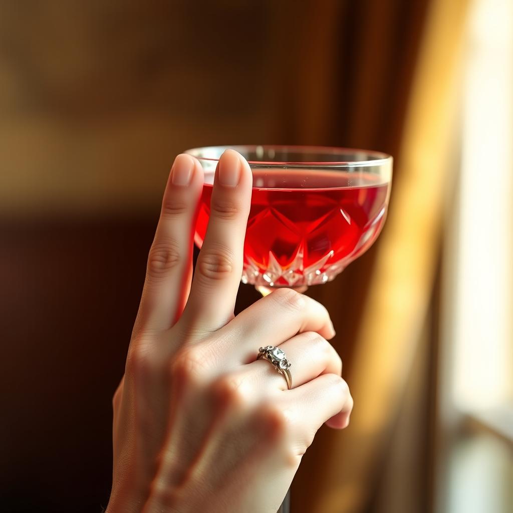 A close-up view of a hand with five fingers, elegantly positioned, with a delicate grip on a beautiful crystal glass full of a vibrant red liquid