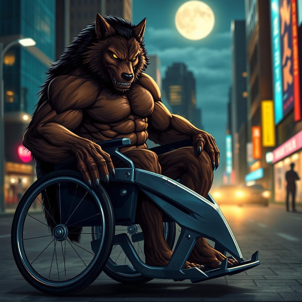 A muscular werewolf seated in a modern, sleek wheelchair, showcasing its fierce and powerful physique