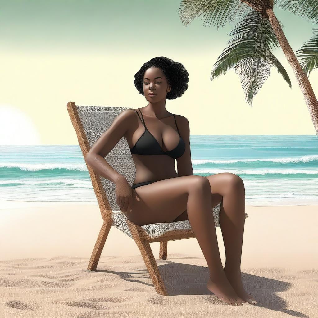 This is a high-resolution digital art piece that portrays the same confident black woman, now seated in a chair, wearing an even thinner bikini with underclothes visible