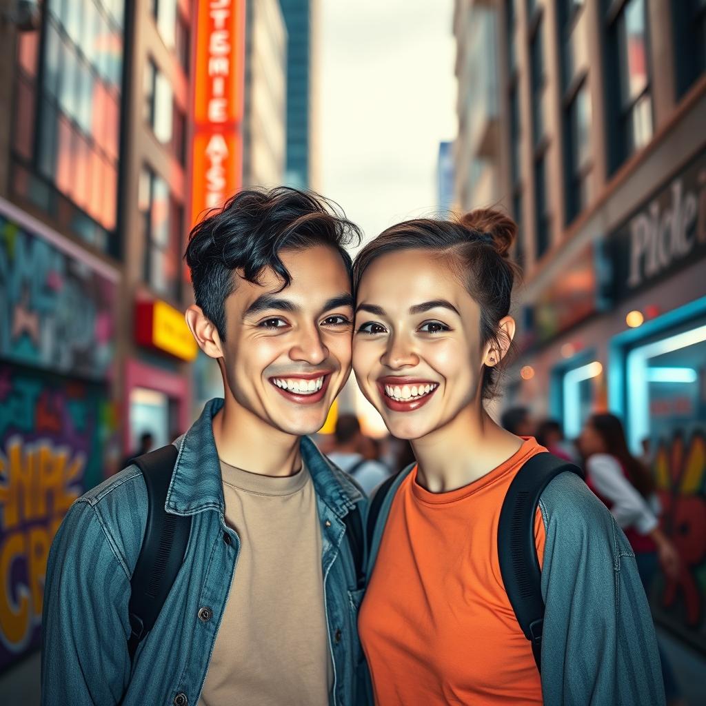 A surreal artistic image depicting two identical people face-swapping, standing in a vibrant urban setting filled with colorful street art