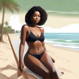 This is a high-resolution digital art piece that portrays the same confident black woman, now seated in a chair, wearing an even thinner bikini with underclothes visible