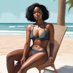 This is a high-resolution digital art piece that portrays the same confident black woman, now seated in a chair, wearing an even thinner bikini with underclothes visible