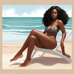 This is a high-resolution digital art piece that portrays the same confident black woman, now seated in a chair, wearing an even thinner bikini with underclothes visible