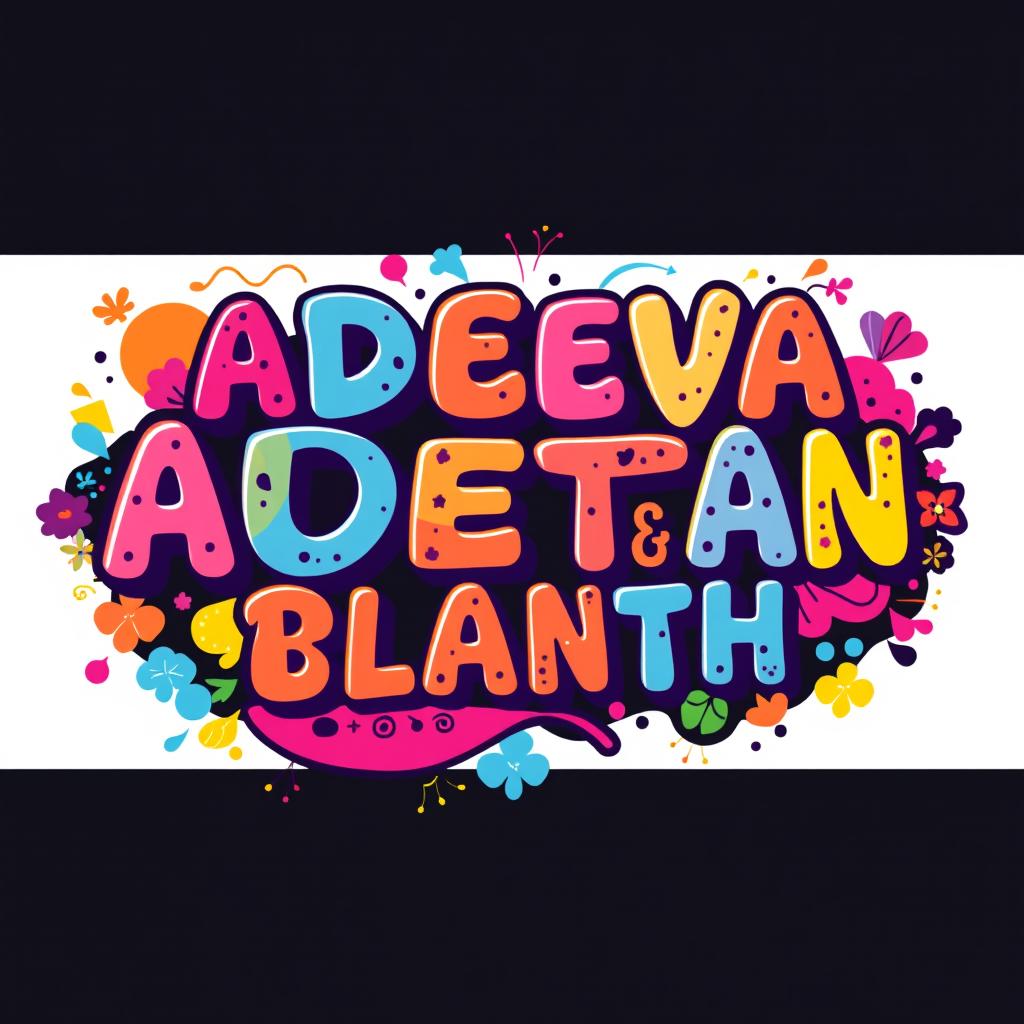 A vibrant and visually stimulating t-shirt design featuring the words "ADEVA AIRA AISYAH AWI ALIFYA HAKIM ARJUN DAFFA AQEELA FAWWAZ FEBBY GALIH ANGGA KAISA KAYLA KIRANA EVAN FIRZA RAGGIL NABILA NAZILA REHAN RAKA SANDY SYAFIRA ULFAH" artistically arranged in a playful, whimsical font