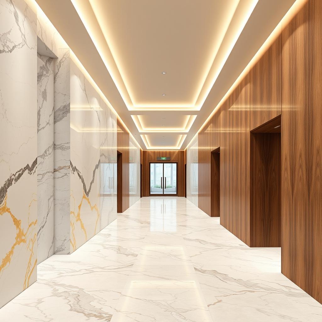 A modern hall featuring elegant marble sheets with white and gold veins adorning the lower walls, complemented by rich thermowood in natural walnut on the upper walls