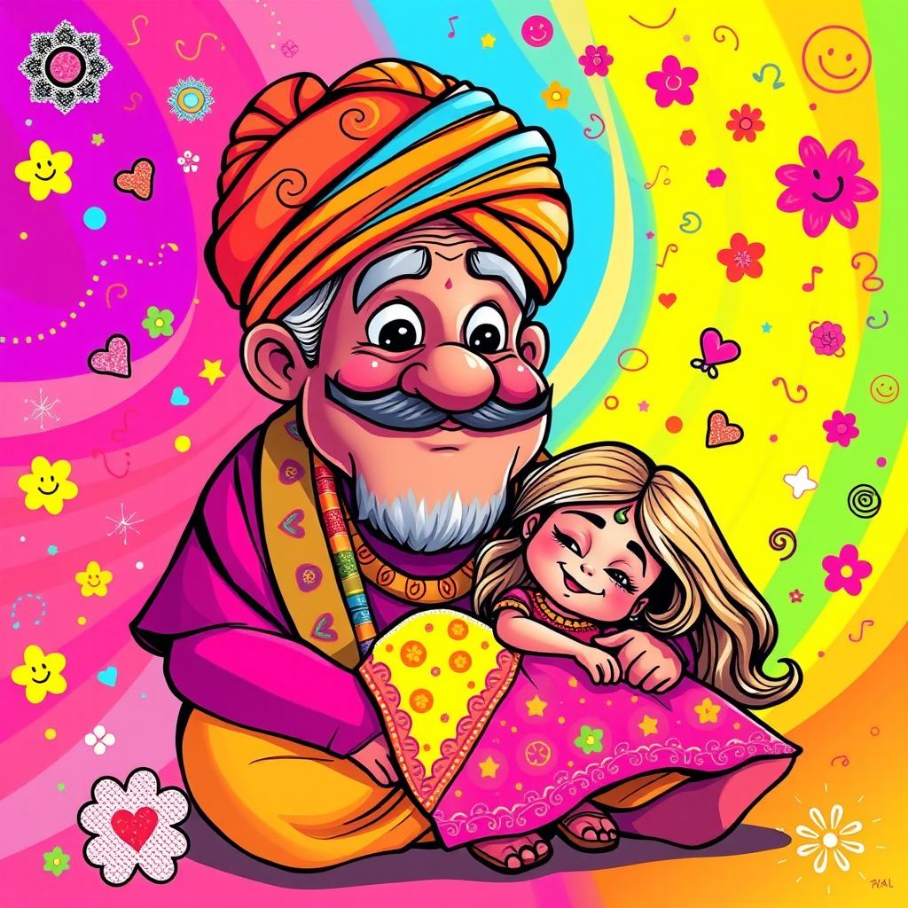 A colorful cartoon-style scene featuring a traditional Indian grandfather with a big, round face and a gentle smile, wearing a vibrant turban with swirling patterns and a decorated shawl
