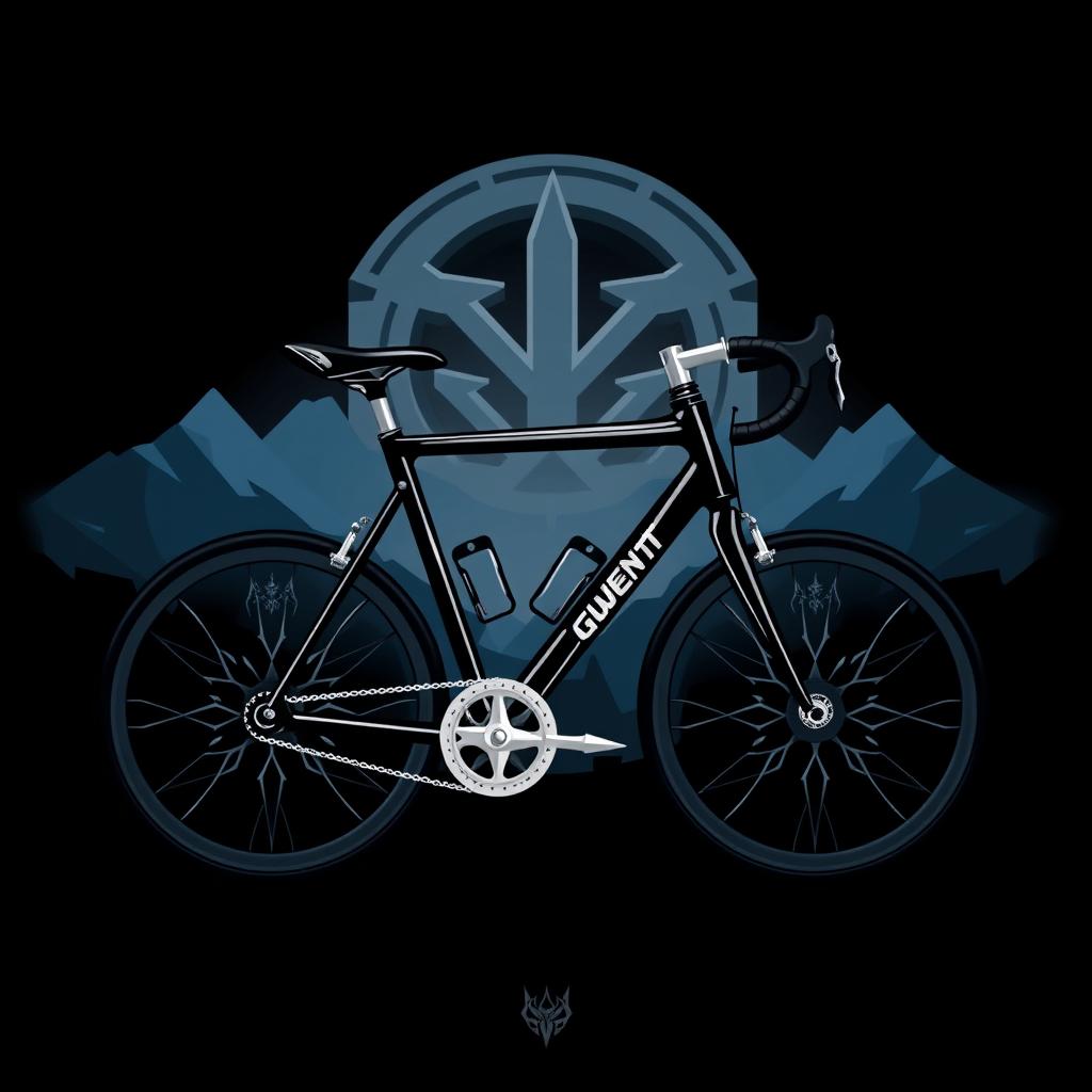 A minimalist logo combining elements of cycling and The Witcher, featuring a sleek black bicycle with shiny silver accents