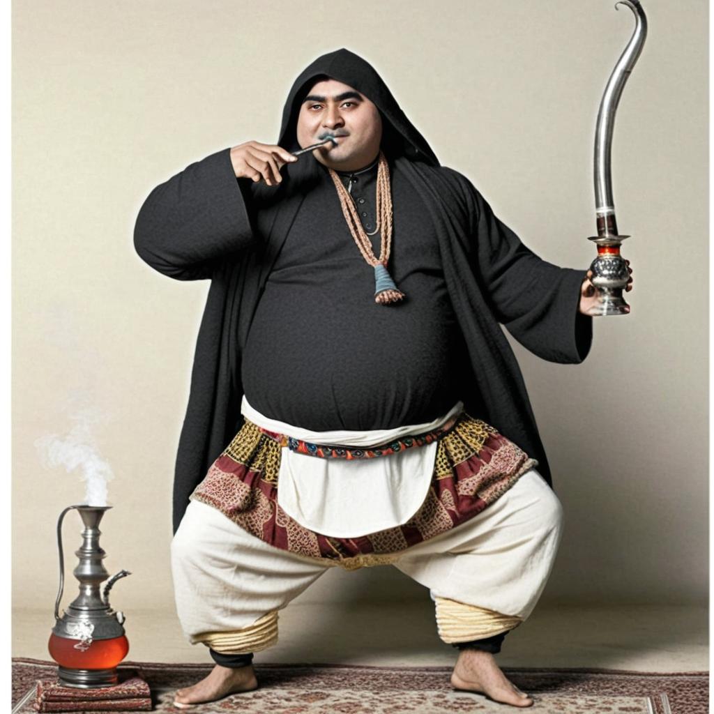 Imagin Kung Fu Panda in Iran, wearing Kurdish saggy pants up over his belly and a long saggy undershirt, smoking a hookah, and his wife being a Gajar girl.