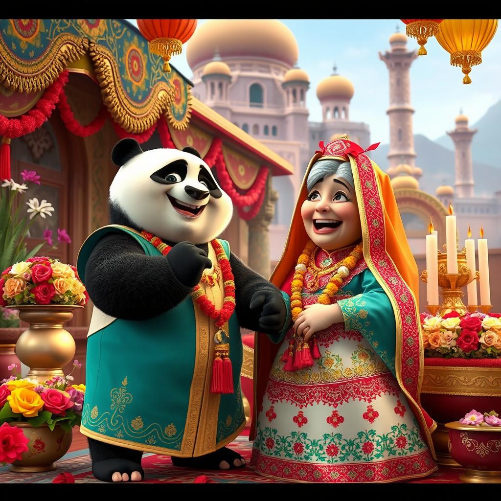 A whimsical scene featuring Kung Fu Panda, the beloved animated character, in traditional Iranian wedding attire, surrounded by colorful Persian decorations