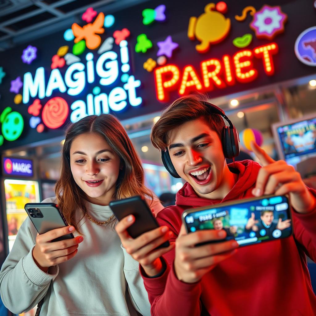 A dynamic scene featuring two young adults immersed in playing battle royale games on their smartphones