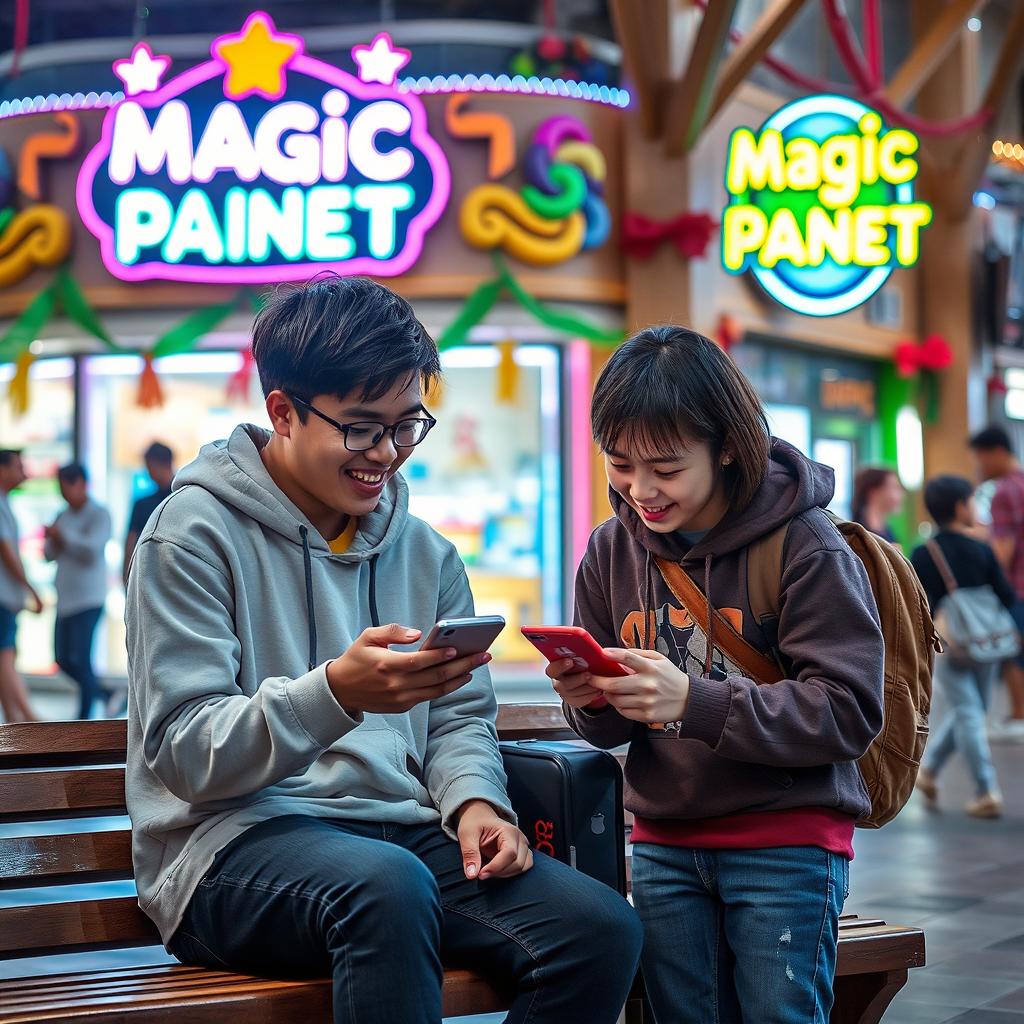 A captivating scene of two young adults engrossed in playing battle royale games on their mobile phones