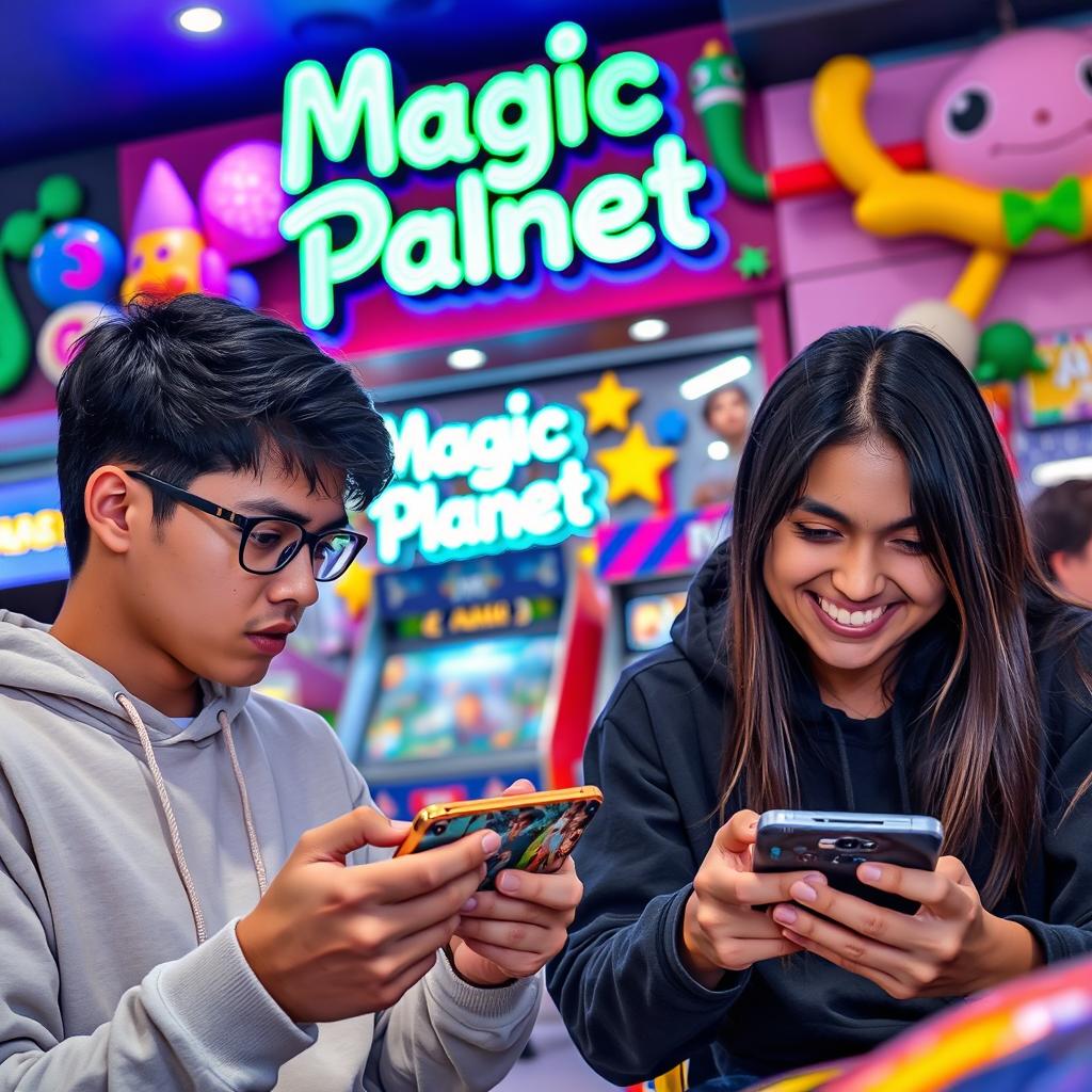 An engaging scene of two young adults deeply focused on playing battle royale games on their smartphones