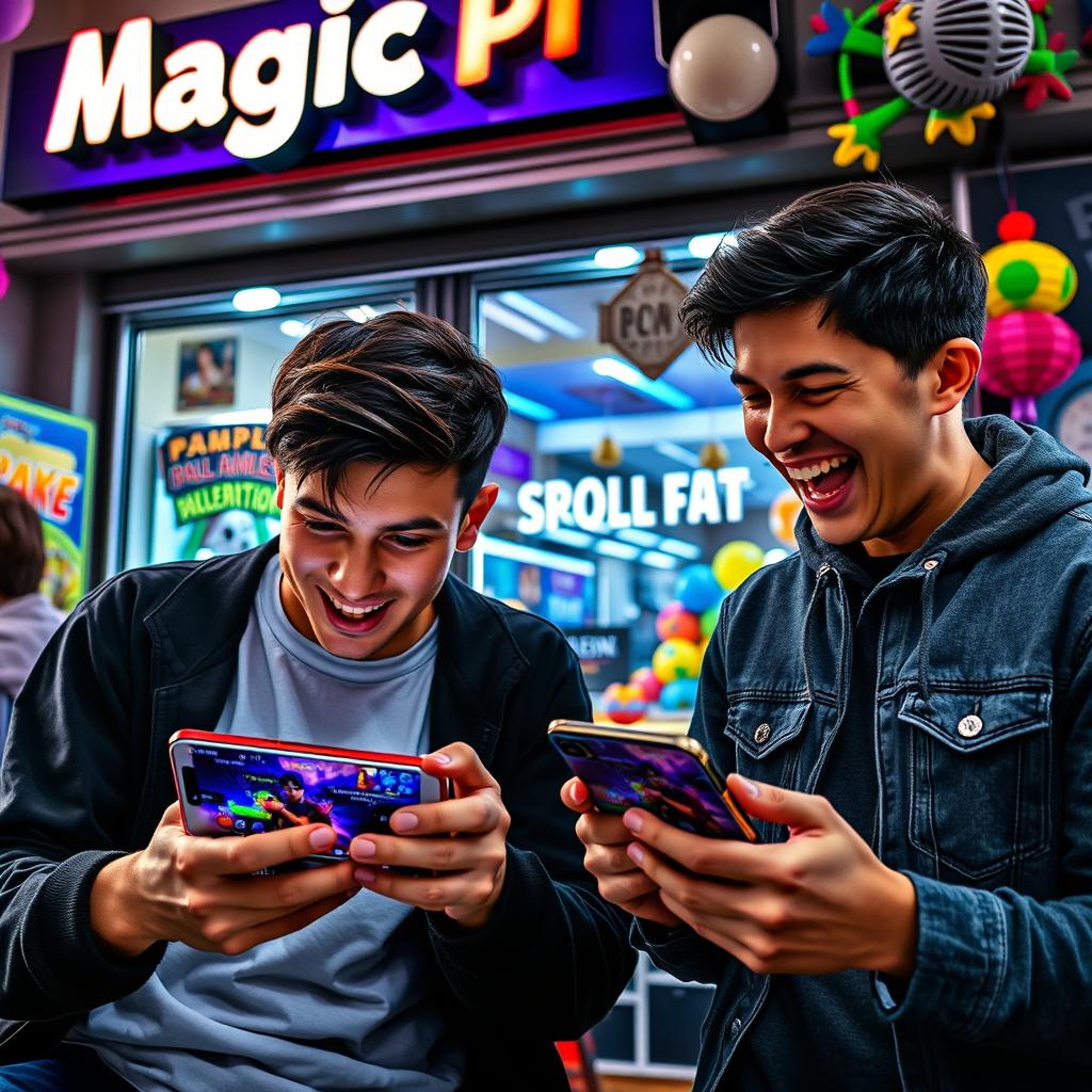 A lively scene depicting two young men intensely playing battle royale games on their smartphones