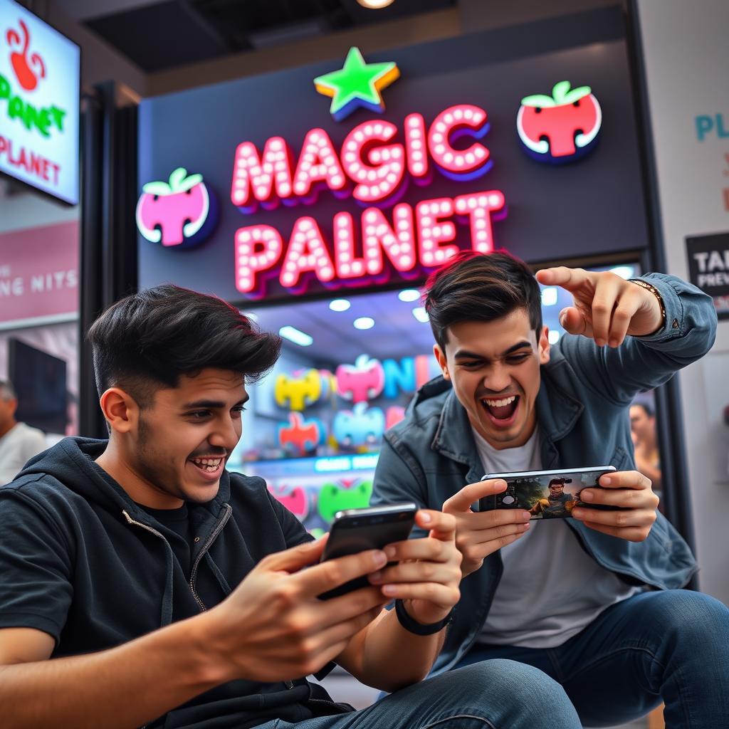 A dynamic scene featuring two young men engaged in playing battle royale games on their smartphones