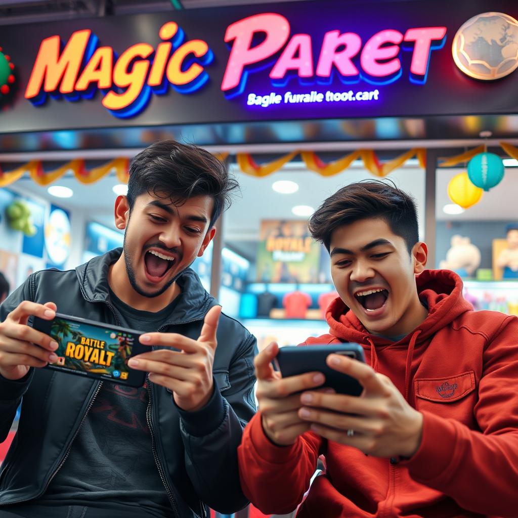 A vibrant scene showcasing two young men passionately engaged in playing battle royale games on their smartphones