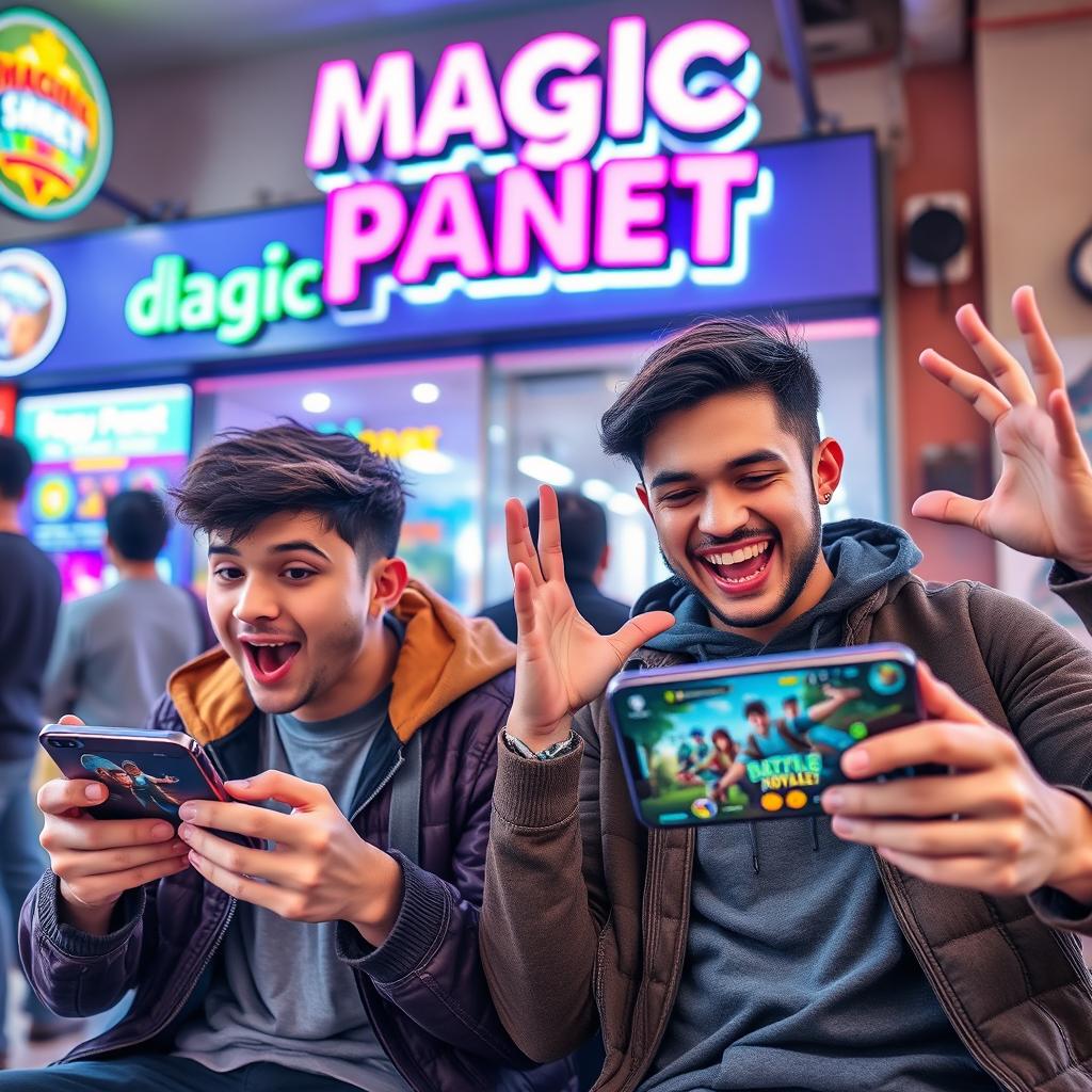 A vibrant scene featuring two young men deeply engaged in playing battle royale games on their smartphones