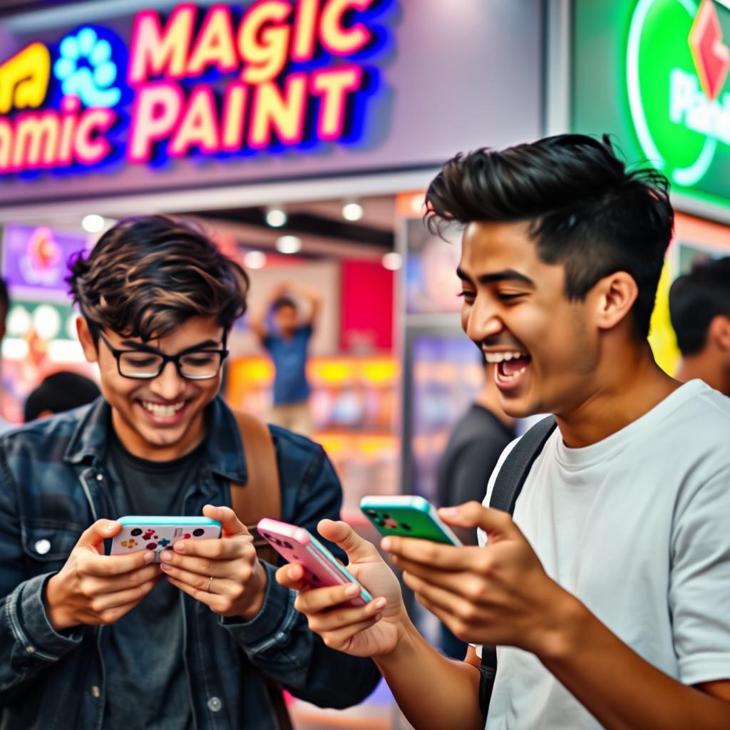 An engaging scene featuring two young men playing games on their smartphones