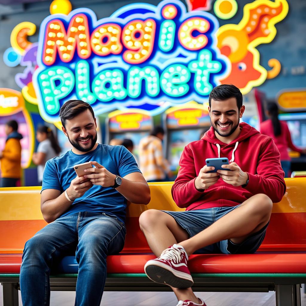 Two men happily playing games on their smartphones, sitting side by side on a colorful bench