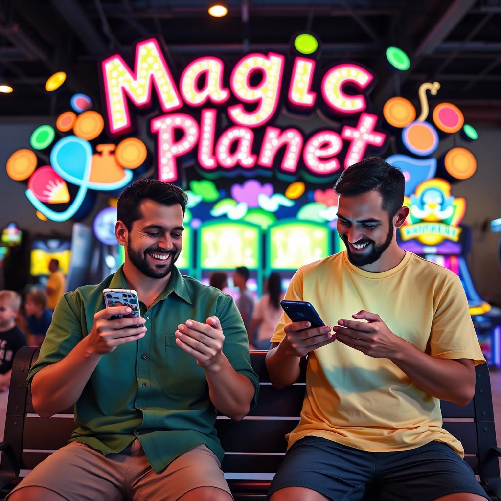 Two men engaged in playing games on their smartphones, laughing and enjoying each other's company