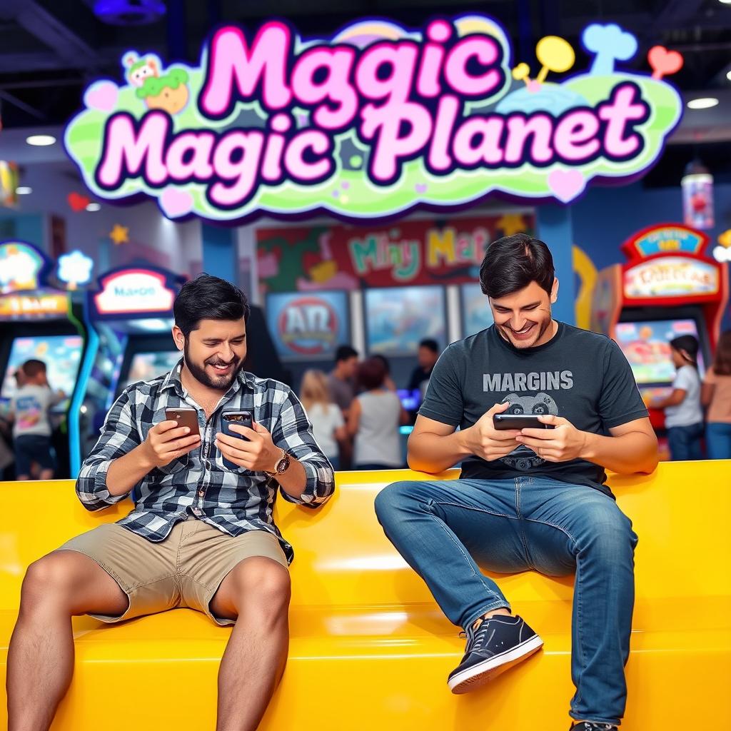 Two men intently playing games on their smartphones, laughing and sharing an animated conversation