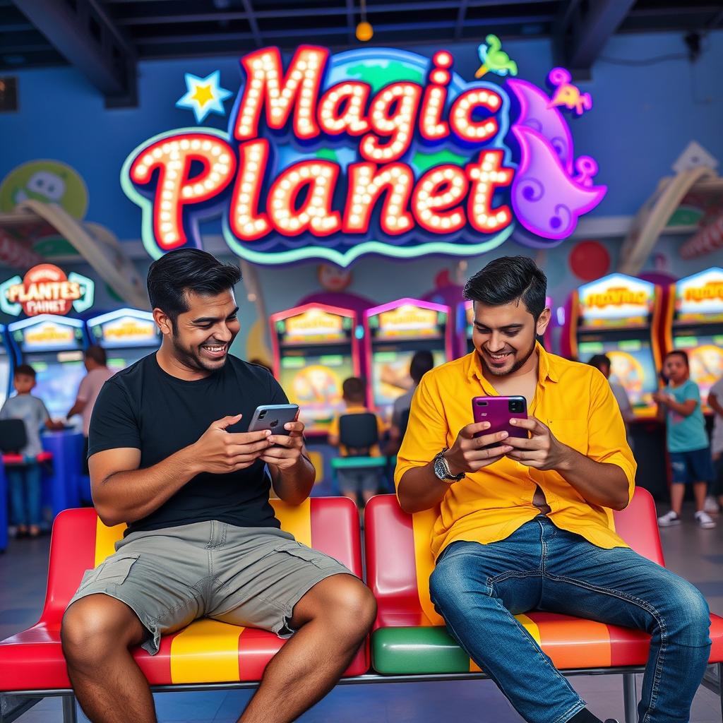 A lively scene featuring two men enjoying games on their smartphones, laughing and sharing excitement