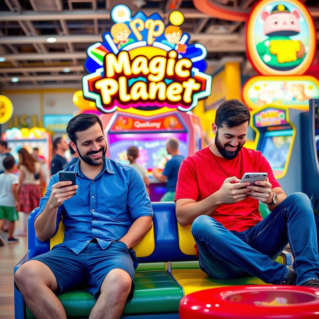 A lively scene depicting two men absorbed in playing games on their smartphones, sharing laughter and excitement
