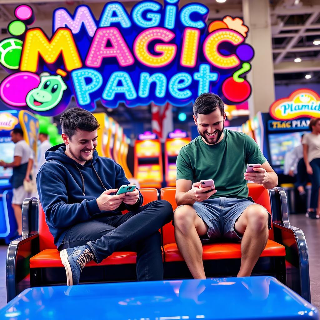 An engaging scene of two men focused on their smartphones, enjoying mobile games together