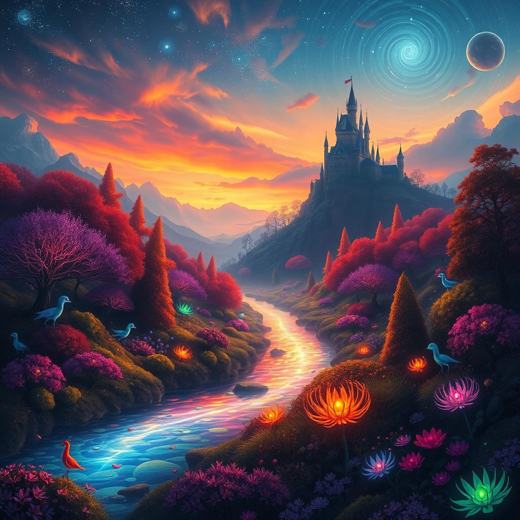 An imaginative landscape featuring a vast, ethereal forest with vibrant colors and fantastical plants that glow in the twilight