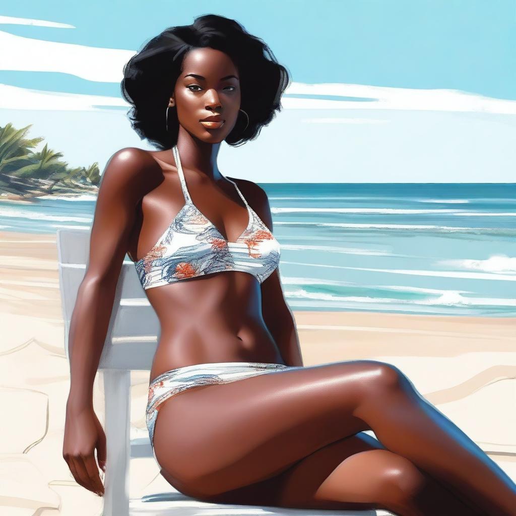 This is a high-resolution digital art representation of the same confident black woman, now seated in a chair, wearing an even thinner bikini with underclothes and an underbikini visible