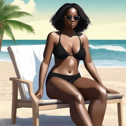 This is a high-resolution digital art representation of the same confident black woman, now seated in a chair, wearing an even thinner bikini with underclothes and an underbikini visible