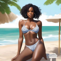 This is a high-resolution digital art representation of the same confident black woman, now seated in a chair, wearing an even thinner bikini with underclothes and an underbikini visible