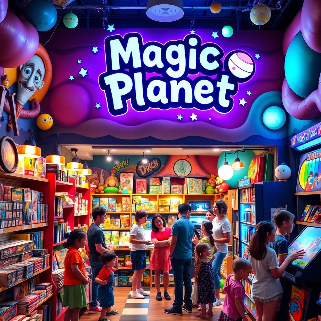 A whimsical and enchanting game store named 'Magic Planet', filled with colorful and imaginative board games, video games, and toys
