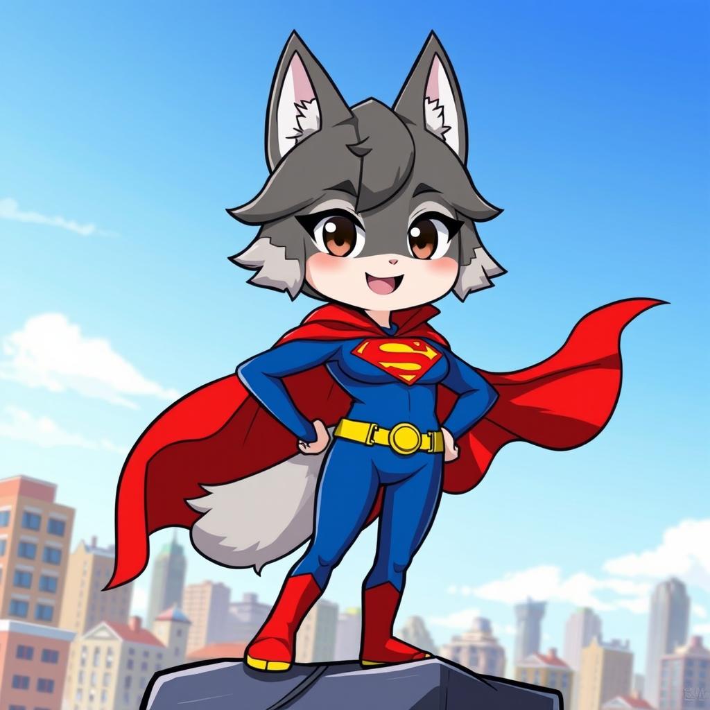A cartoon-style image of a wolf-girl, inspired by Ookami MiO, wearing a superhero suit designed like Superman's