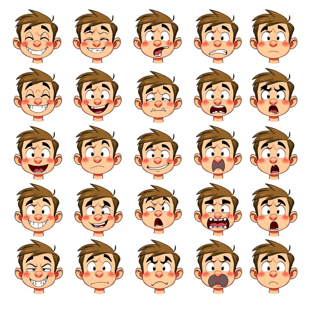 A detailed expressions sheet featuring a diverse range of facial expressions, including happiness, sadness, anger, surprise, disgust, and fear