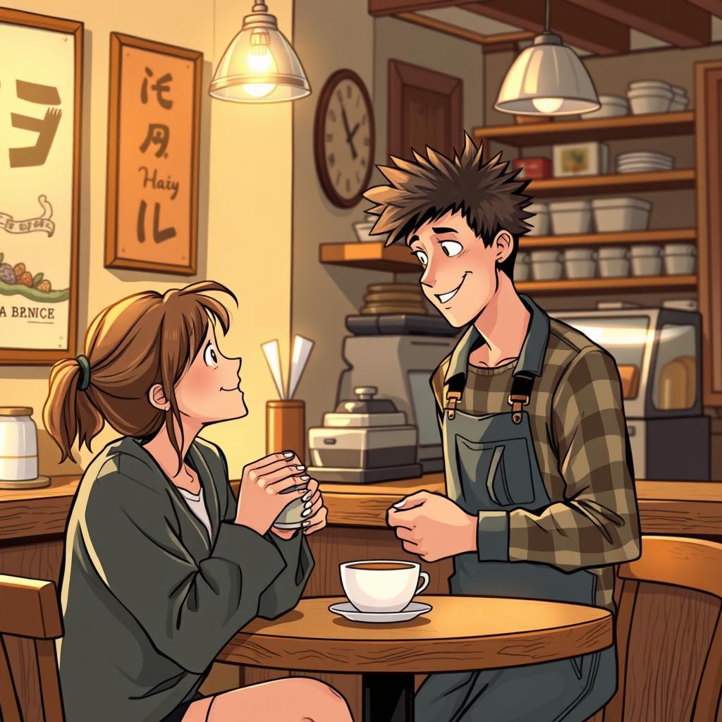 A charming scene in a cozy coffee shop, featuring an unattractive male barista with quirky hair and mismatched clothing, awkwardly falling in love with the customer