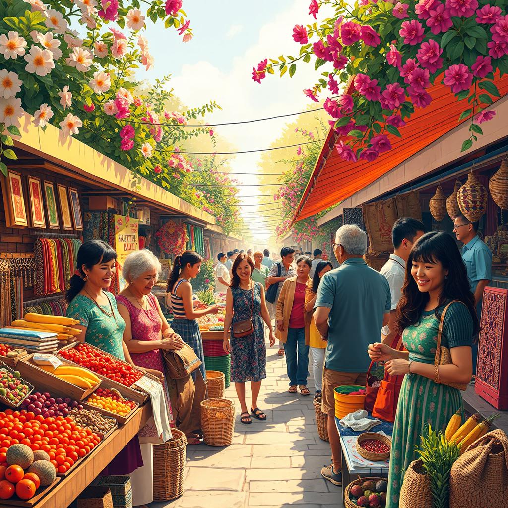 A vibrant scene depicting a lively outdoor market filled with colorful stalls, blooming flowers, and diverse people interacting