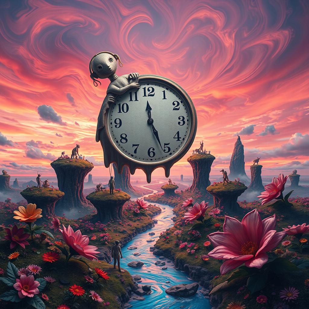 A surrealistic scene featuring a giant clock melting over a landscape of floating islands and vibrant, oversized flowers