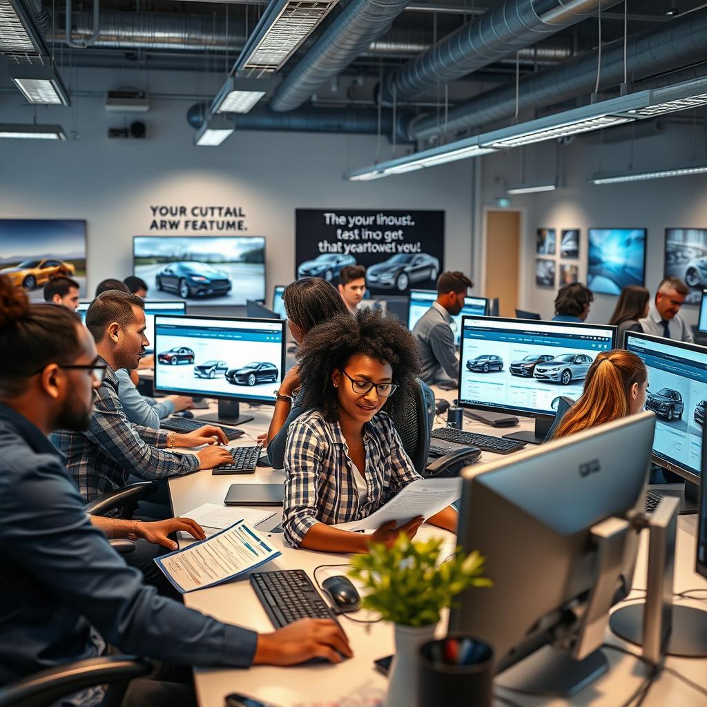 An office environment featuring approximately 10 diverse individuals working together at Carvey Company, an automotive online dealership