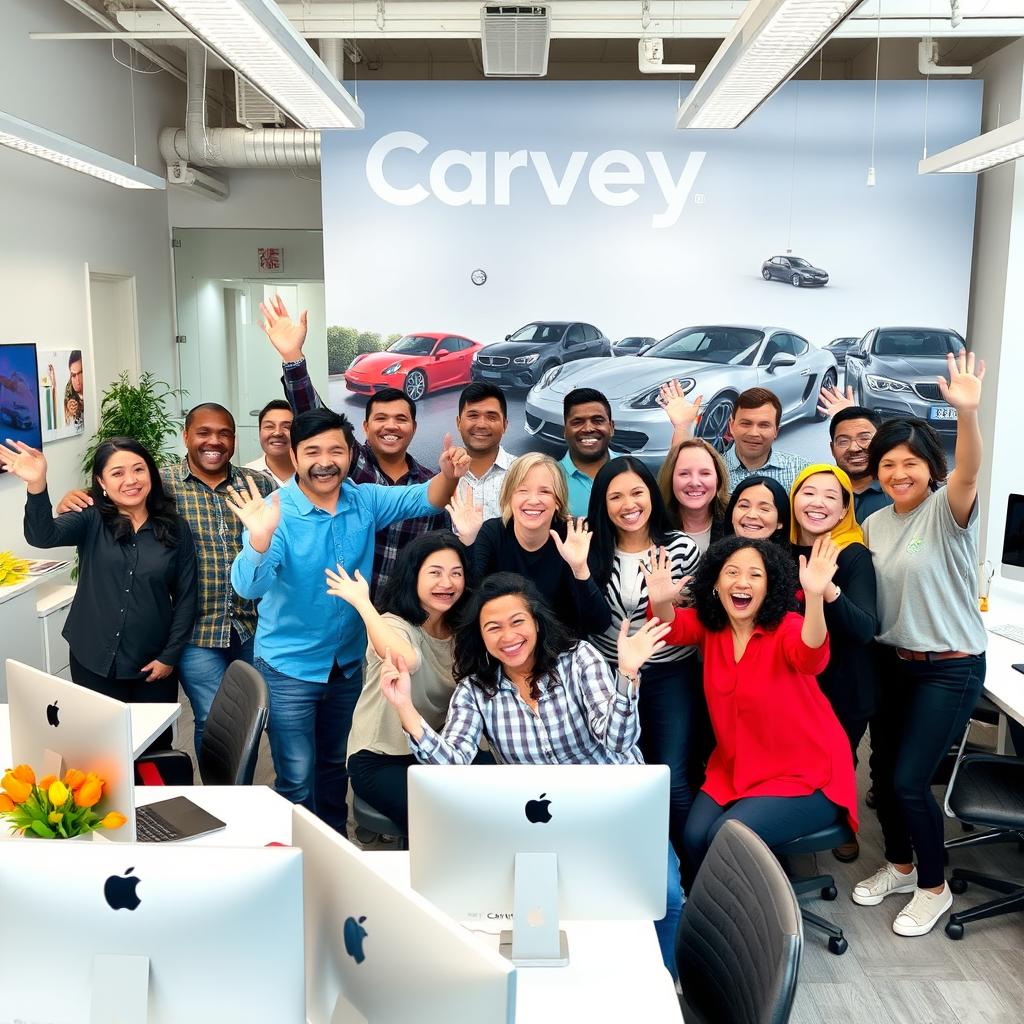 A joyful scene in an office at Carvey Company, an automotive online dealership, featuring approximately 10 diverse individuals posing cheerfully for the camera