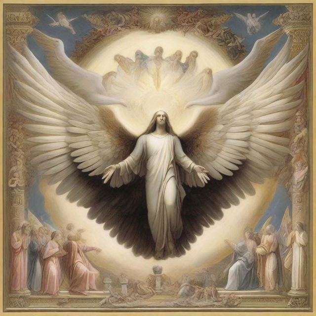 Create an image of majestic celestial creatures having six wings. With two wings they cover their faces, two more obscure their feet, and the remaining two are in flight. They hover over God's throne, invoking each other, proclaiming 'Holy, Holy, Holy is the Lord of Hosts; the whole earth is full of His glory.'