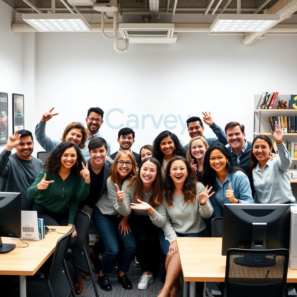 A joyful office scene at Carvey Company, an automotive online dealership, featuring approximately 8 diverse and happy team members posing together for the camera
