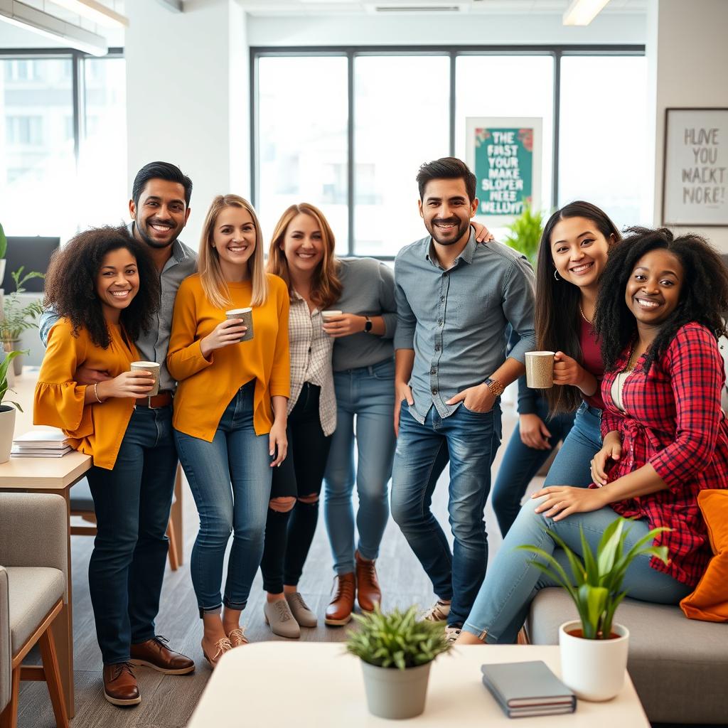 A cheerful office scene featuring approximately 5 diverse individuals from a company, happily posing for the camera