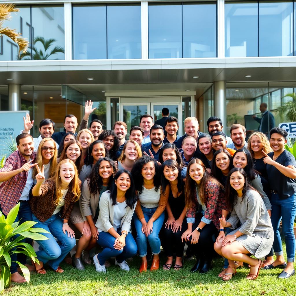 A vibrant and joyful outdoor scene in front of a modern office building featuring approximately 20 diverse individuals from a company posing happily for the camera