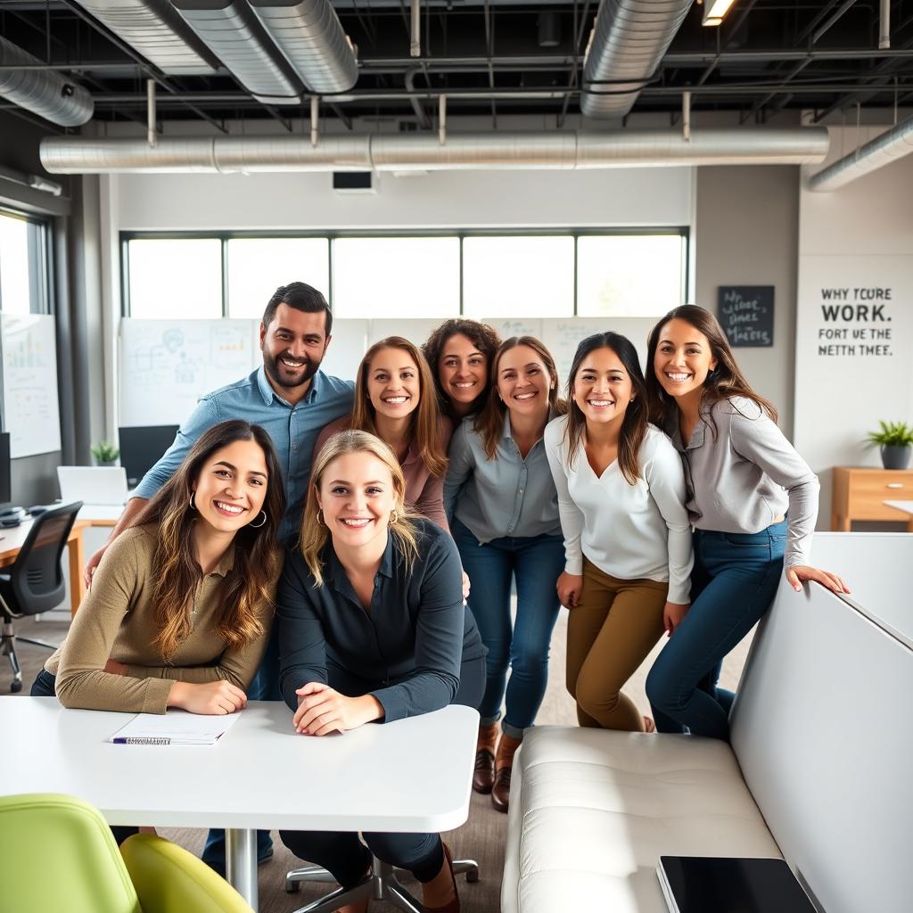 A lively office setting featuring about 5 cheerful team members from a company, joyfully posing for the camera