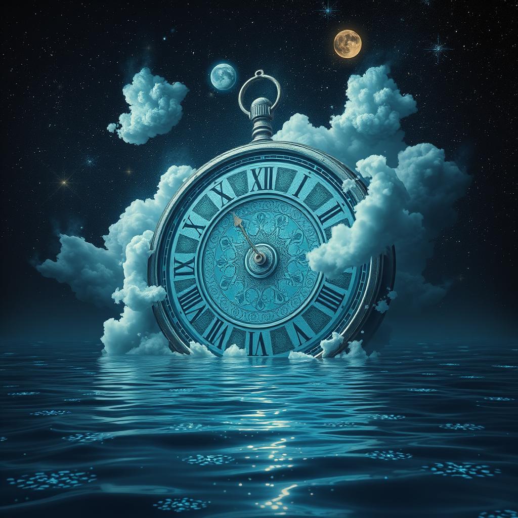 A surrealistic depiction of a giant clock by Balts Kūstošs submerged in a dark ocean of the universe