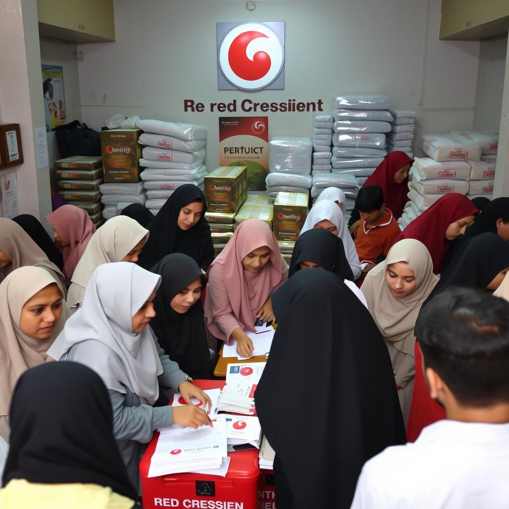 A bustling scene at a Red Crescent station, with volunteers diligently engaged in their humanitarian work