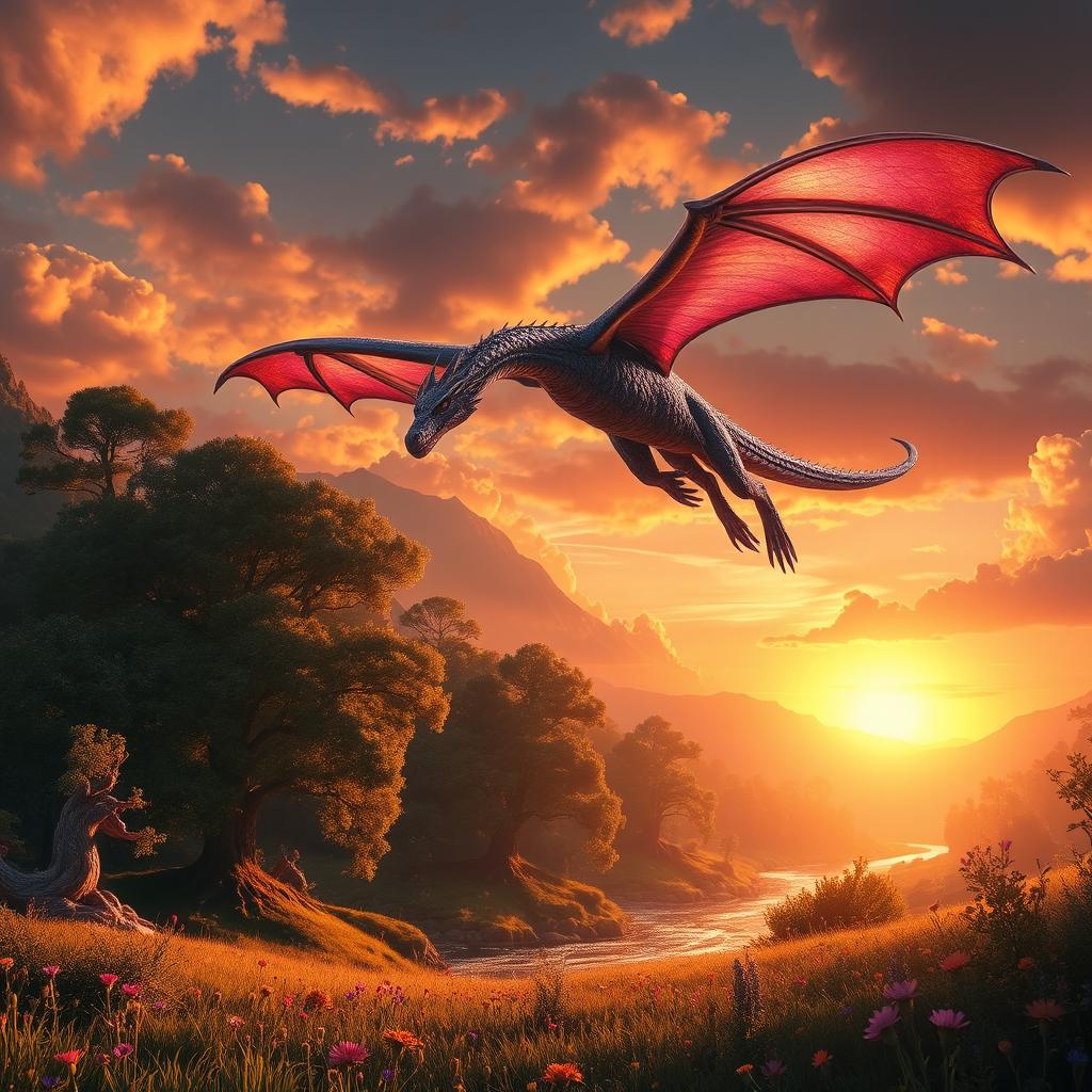 Majestic Dragon Soars Through an Enchanting Sunset Sky | Idyllic
