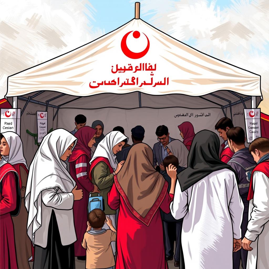 A vibrant scene depicting the Red Crescent station, bustling with activity as volunteers wearing traditional Islamic clothing assist people in need