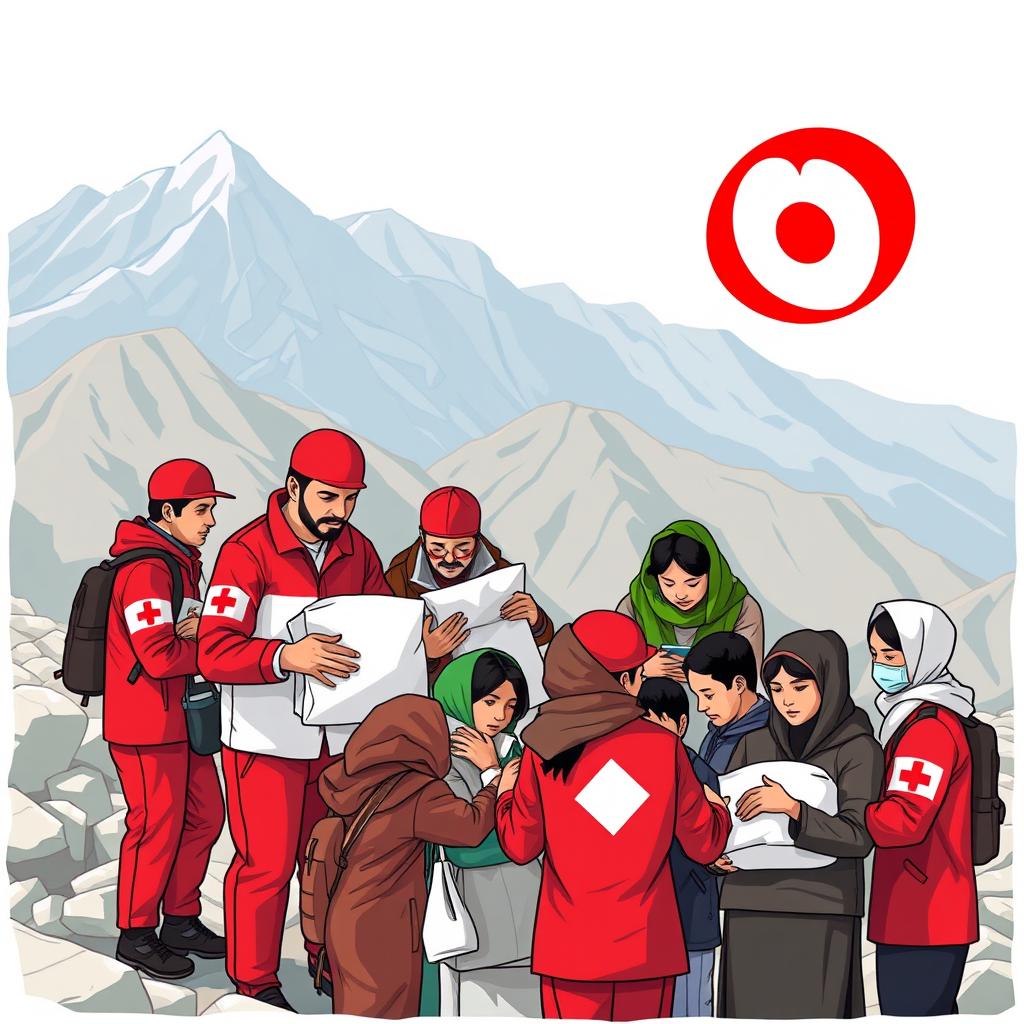 An illustration depicting the Iranian Red Crescent in action, showcasing a humanitarian mission